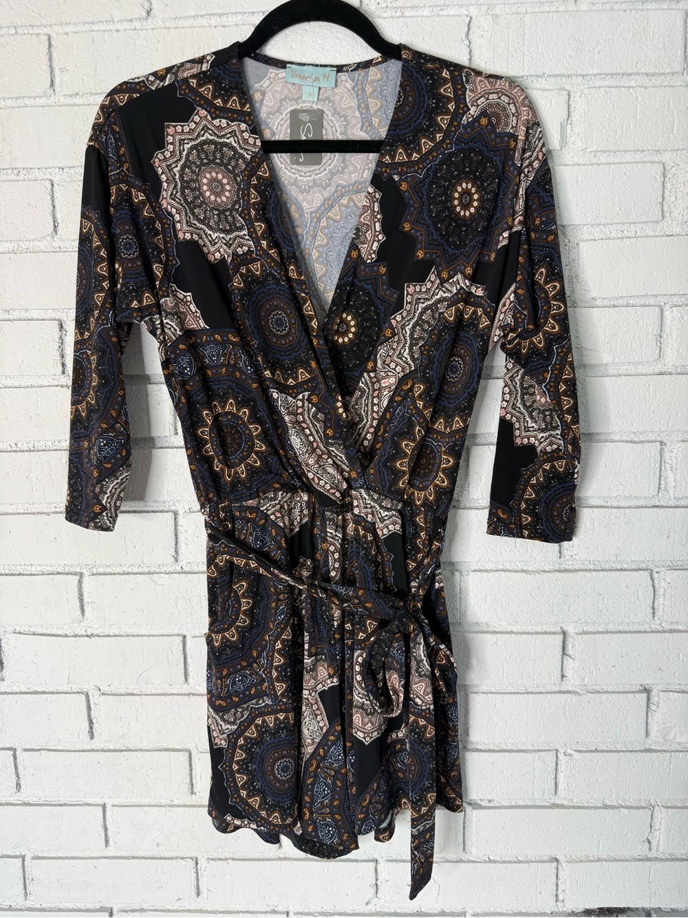 Veronica M Faux Wrap Romper Small S Boho Medallion Print 3/4 Sleeve NWT